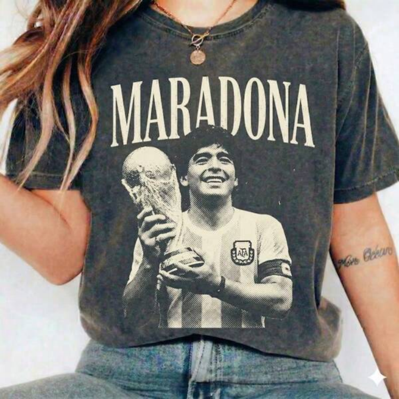 Washed Drop Shoulder Tee , Maradona Vintage 90s Syles Black And White Shirt
